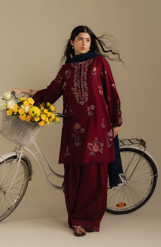 Coco by Zara Shahjahan Embroidered Khaddar Unstitched 3 Piece Suit - Dawn-5B - ZS25CUW - Maroon - Winter Collection