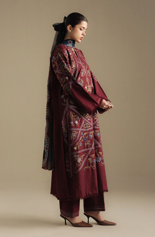 Coco by Zara Shahjahan Embroidered Karandi Unstitched 3 Piece Suit - Coral-4B - ZS25CUW - Maroon - Winter Collection