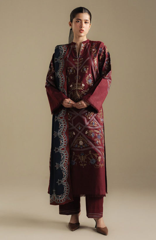 Coco by Zara Shahjahan Embroidered Karandi Unstitched 3 Piece Suit - Coral-4B - ZS25CUW - Maroon - Winter Collection