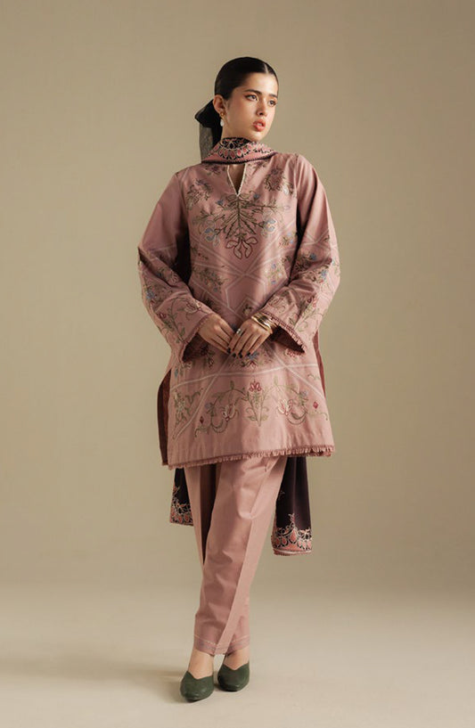 Coco by Zara Shahjahan Embroidered Karandi Unstitched 3 Piece Suit - Coral-4A - ZS25CUW - Pink - Winter Collection