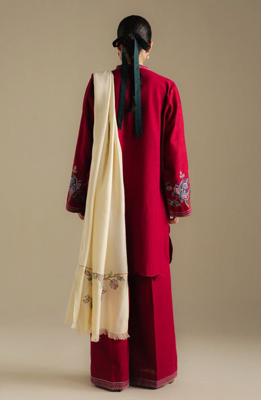 Coco by Zara Shahjahan Embroidered Khaddar Unstitched 3 Piece Suit - Berry-3B - ZS25CUW - Red - Winter Collection