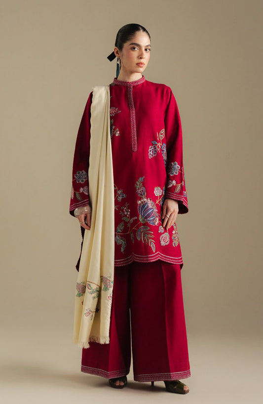 Coco by Zara Shahjahan Embroidered Khaddar Unstitched 3 Piece Suit - Berry-3B - ZS25CUW - Red - Winter Collection