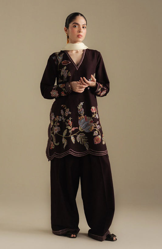 Coco by Zara Shahjahan Embroidered Khaddar Unstitched 3 Piece Suit - Berry-3A - ZS25CUW - Brown - Winter Collection