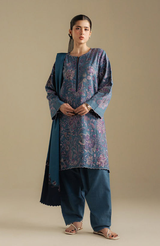Coco by Zara Shahjahan Embroidered Khaddar Unstitched 3 Piece Suit - Mist-2B - ZS25CUW - Blue - Winter Collection