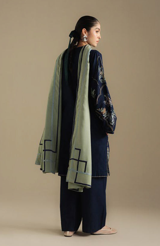 Coco by Zara Shahjahan Embroidered Khaddar Unstitched 3 Piece Suit - Amber-1B - ZS25CUW - Blue - Winter Collection