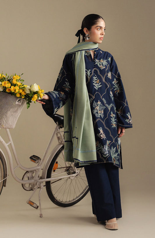 Coco by Zara Shahjahan Embroidered Khaddar Unstitched 3 Piece Suit - Amber-1B - ZS25CUW - Blue - Winter Collection