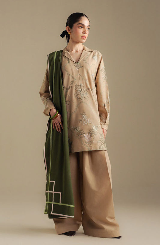 Coco by Zara Shahjahan Embroidered Khaddar Unstitched 3 Piece Suit - Amber-1A - ZS25CUW - Beige - Winter Collection