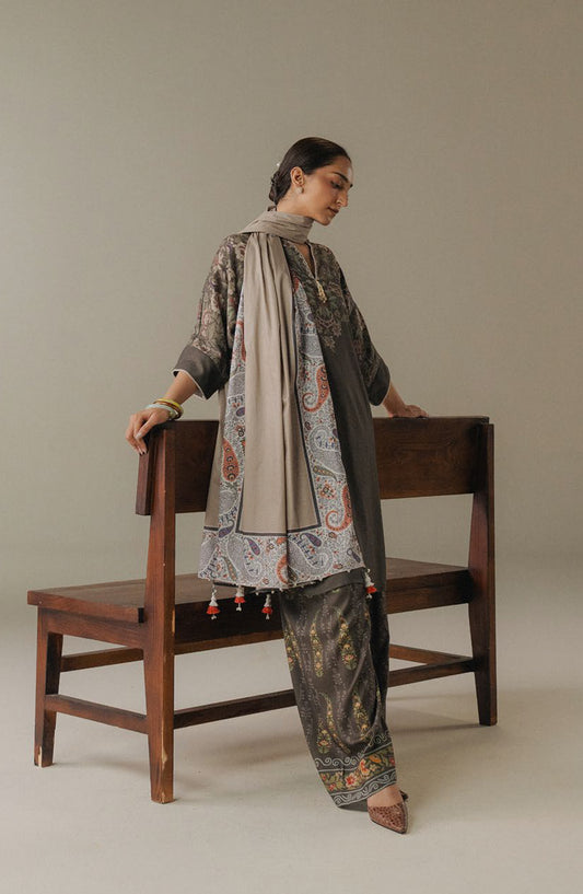 Coco by Zara Shahjahan Digital Printed Linen Unstitched 3 Piece Suit - Autumn Line-10A - ZS25PND - Grey - Winter Collection