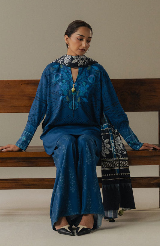 Coco by Zara Shahjahan Digital Printed Linen Unstitched 3 Piece Suit - Terracotta Sky-9B - ZS25PND - Blue - Winter Collection