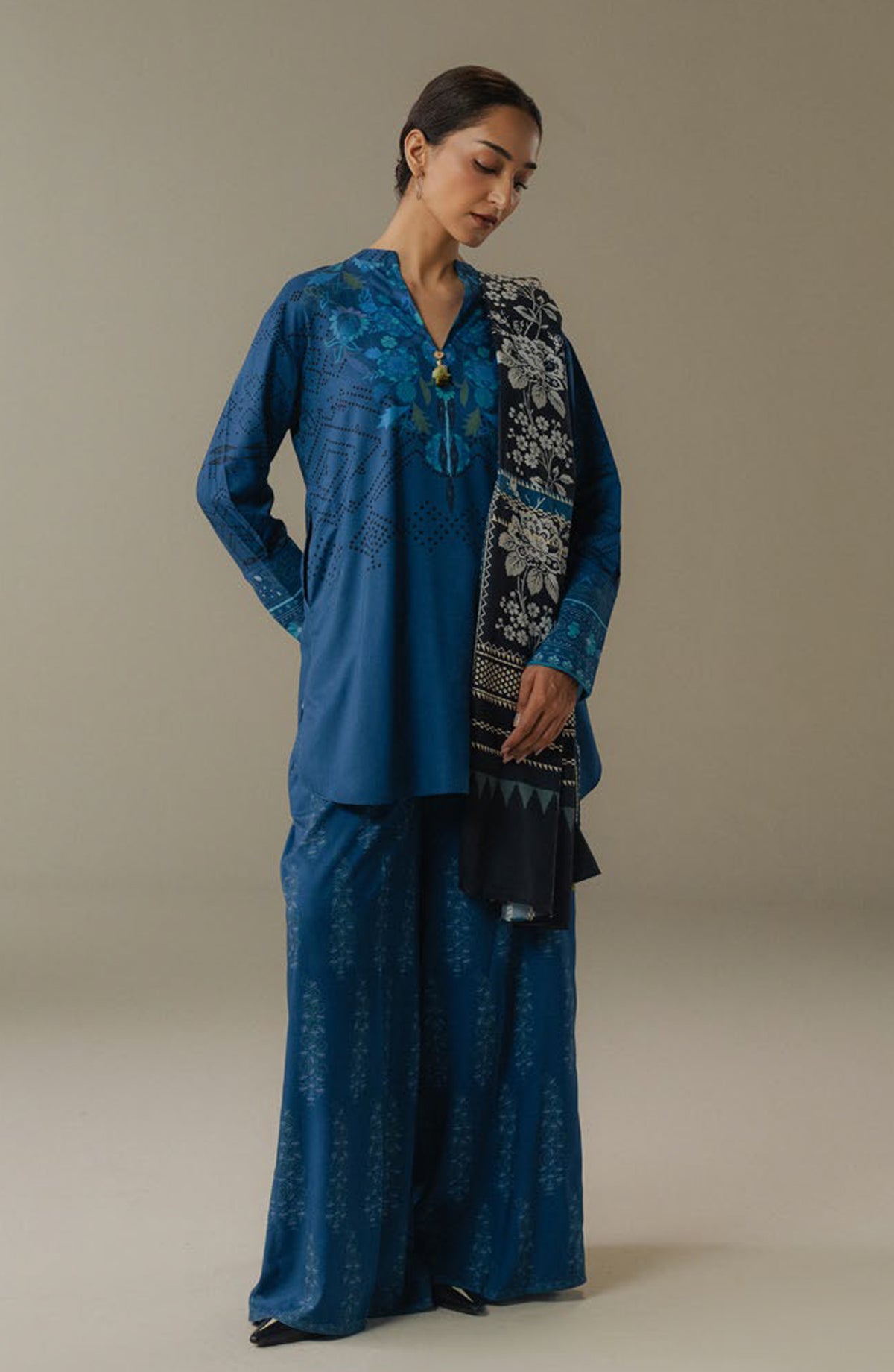 Coco by Zara Shahjahan Digital Printed Linen Unstitched 3 Piece Suit - Terracotta Sky-9B - ZS25PND - Blue - Winter Collection