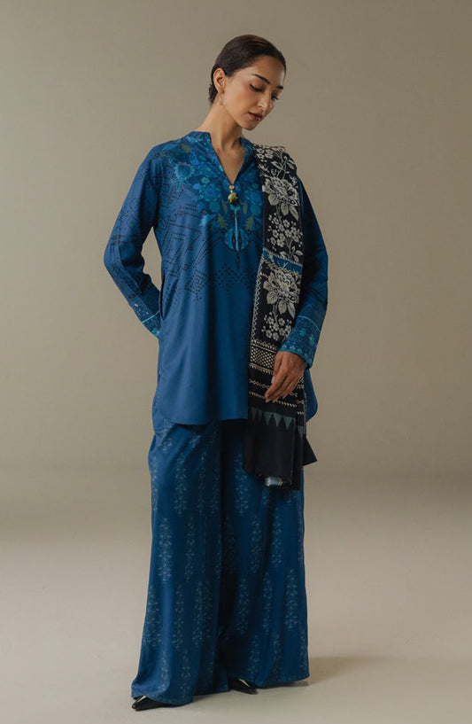 Coco by Zara Shahjahan Digital Printed Linen Unstitched 3 Piece Suit - Terracotta Sky-9B - ZS25PND - Blue - Winter Collection