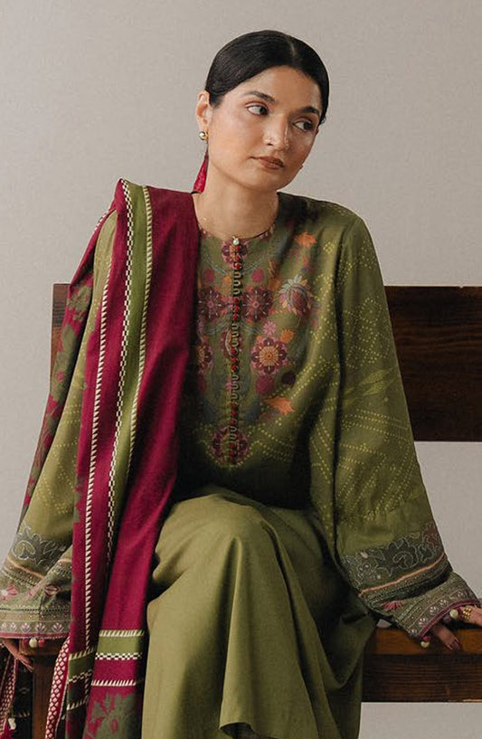 Coco by Zara Shahjahan Digital Printed Linen Unstitched 3 Piece Suit - Terracotta Sky-9A - ZS25PND - Olive Green - Winter Collection