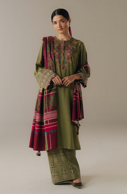 Coco by Zara Shahjahan Digital Printed Linen Unstitched 3 Piece Suit - Terracotta Sky-9A - ZS25PND - Olive Green - Winter Collection