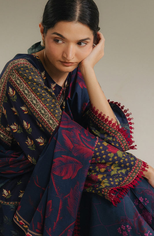 Coco by Zara Shahjahan Digital Printed Linen Unstitched 3 Piece Suit - Soft Current-7B - ZS25PND - Blue - Winter Collection