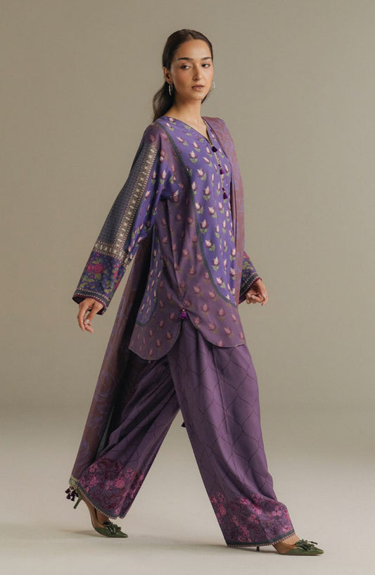 Coco by Zara Shahjahan Digital Printed Linen Unstitched 3 Piece Suit - Soft Current-7A - ZS25PND - Purple - Winter Collection