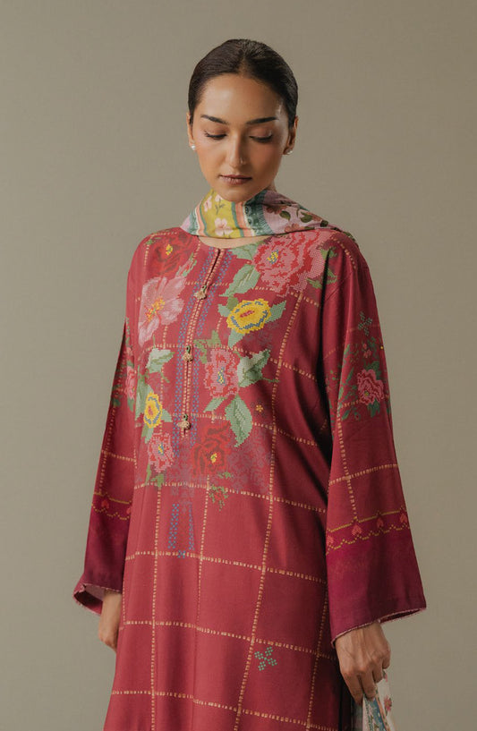 Coco by Zara Shahjahan Digital Printed Linen Unstitched 3 Piece Suit - Olive Hour-5B - ZS25PND - Red - Winter Collection