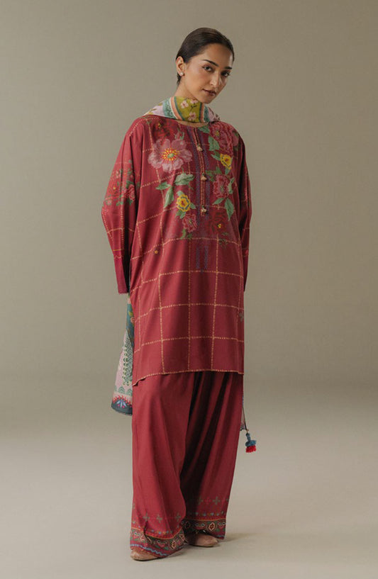 Coco by Zara Shahjahan Digital Printed Linen Unstitched 3 Piece Suit - Olive Hour-5B - ZS25PND - Red - Winter Collection