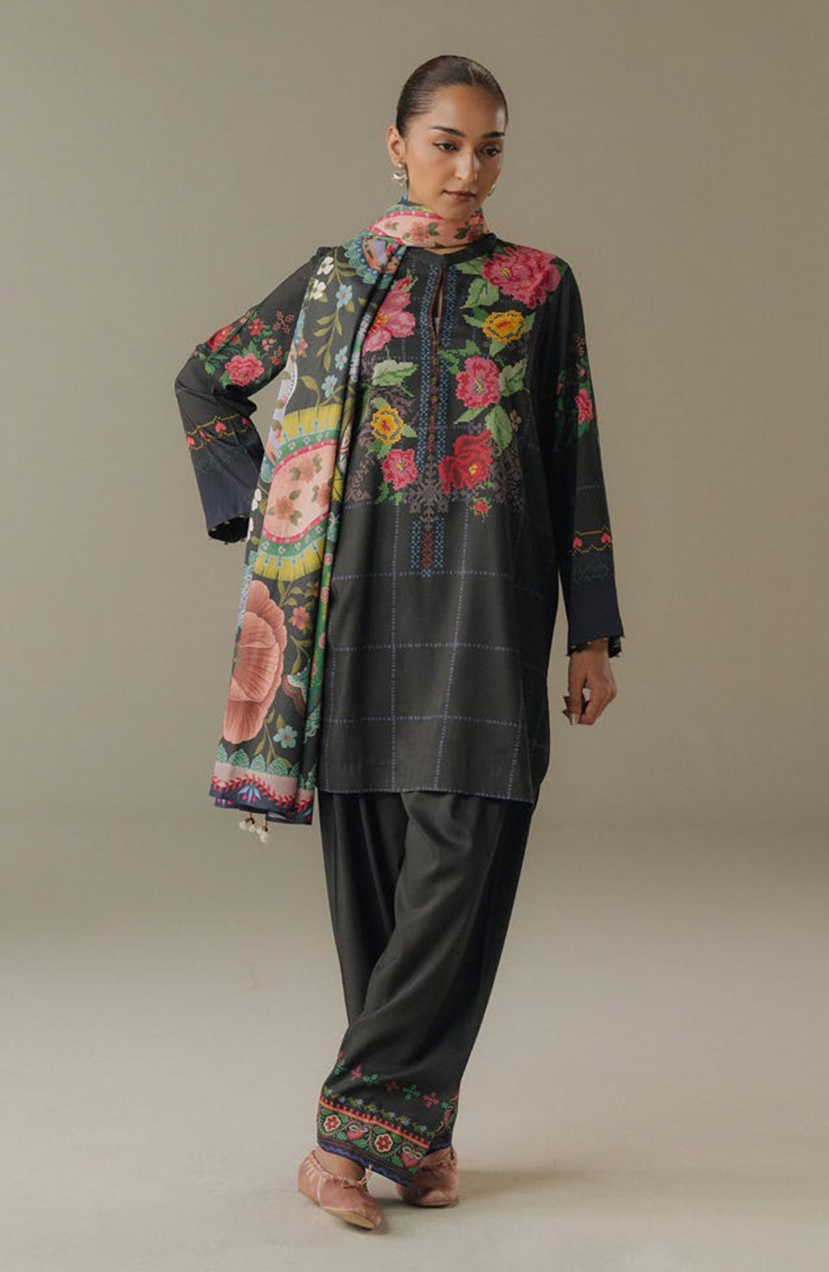 Coco by Zara Shahjahan Digital Printed Linen Unstitched 3 Piece Suit - Olive Hour-5A - ZS25PND - Charcoal - Winter Collection