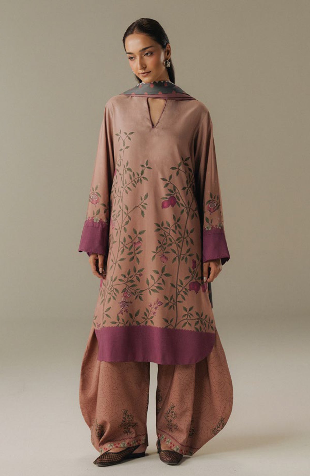 Coco by Zara Shahjahan Digital Printed Linen Unstitched 3 Piece Suit - Sienna Field-4B - ZS25PND - Dusty Pink - Winter Collection