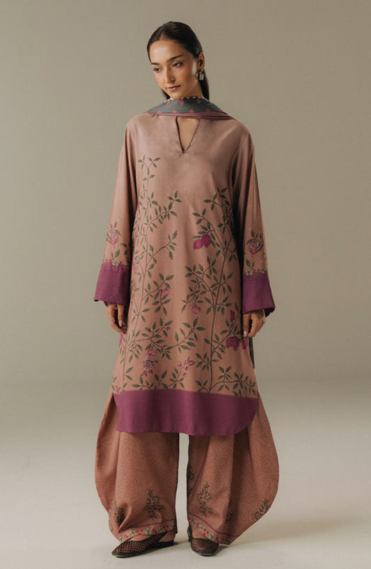 Coco by Zara Shahjahan Digital Printed Linen Unstitched 3 Piece Suit - Sienna Field-4B - ZS25PND - Dusty Pink - Winter Collection