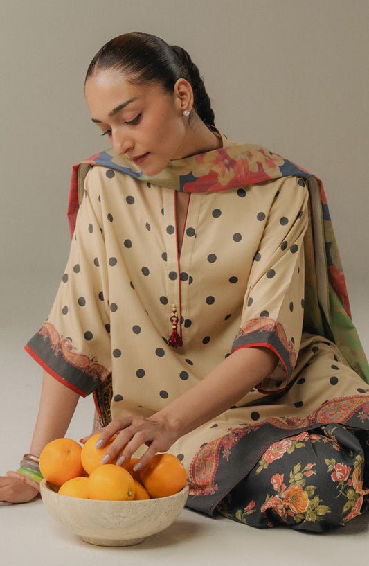 Coco by Zara Shahjahan Digital Printed Linen Unstitched 3 Piece Suit - Paper Moon-3B - ZS25PND - Beige - Winter Collection