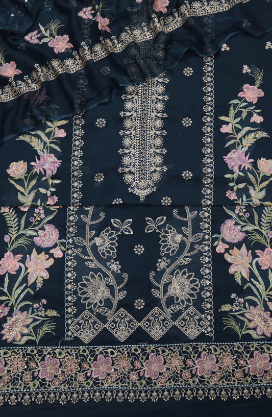 Cross Stitch by Amna Khadija Embroidered Swiss Voile Unstitched 3 Piece Suit - Design-12 - AM25CWV - Teal - Luxury Collection