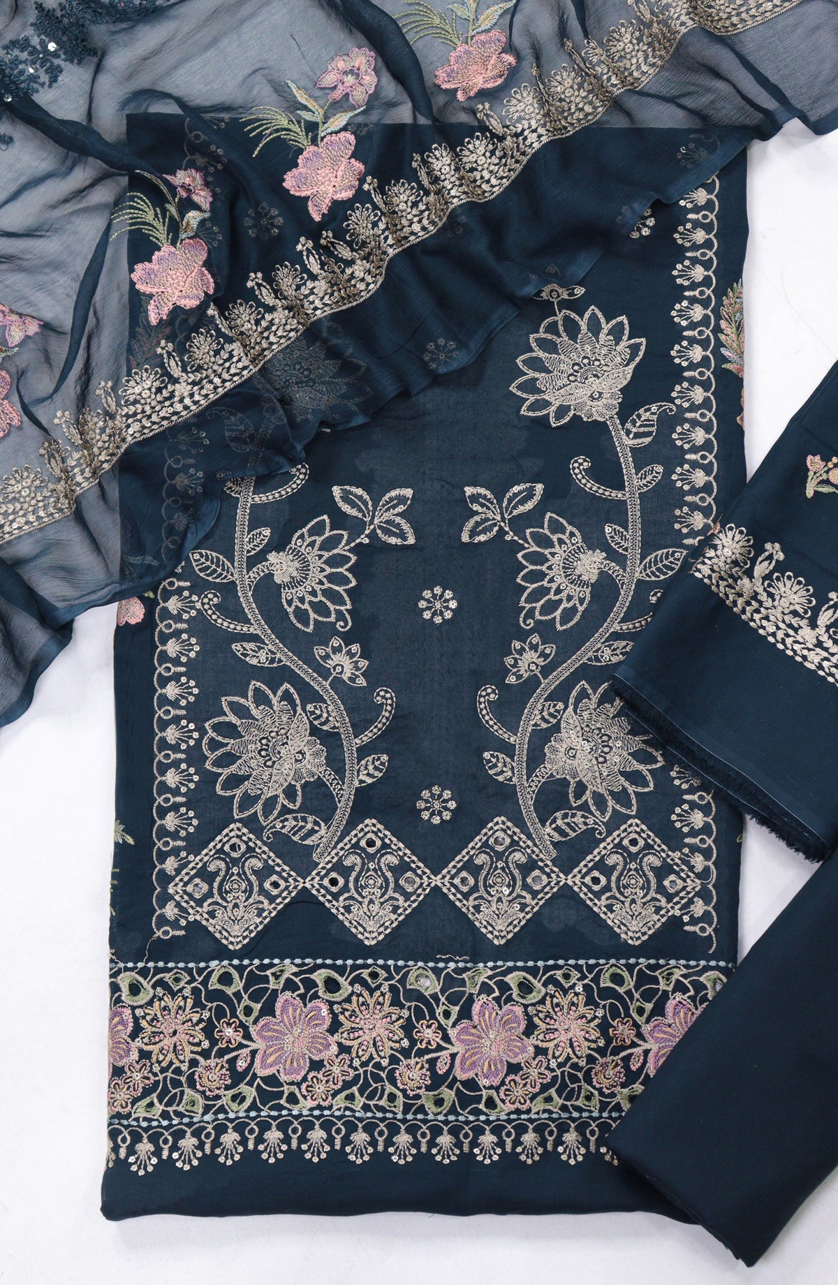 Cross Stitch by Amna Khadija Embroidered Swiss Voile Unstitched 3 Piece Suit - Design-12 - AM25CWV - Teal - Luxury Collection