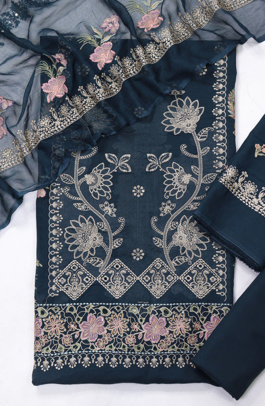 Cross Stitch by Amna Khadija Embroidered Swiss Voile Unstitched 3 Piece Suit - Design-12 - AM25CWV - Teal - Luxury Collection