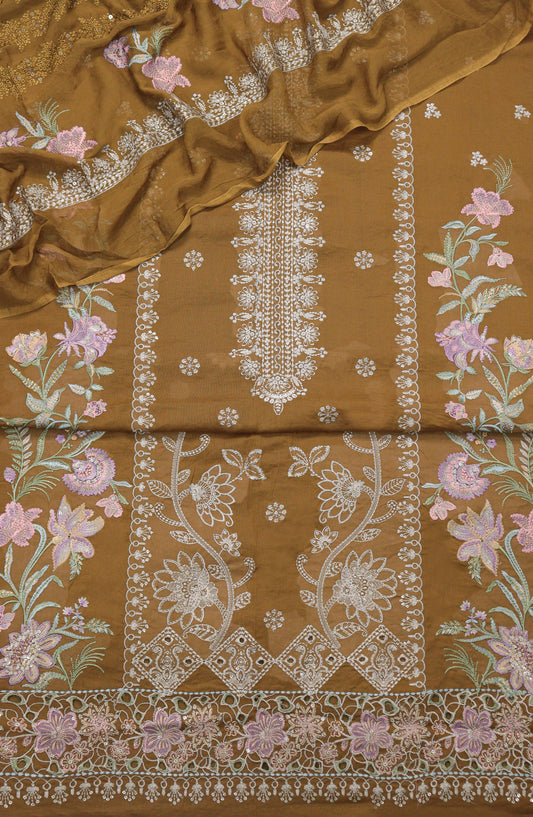 Cross Stitch by Amna Khadija Embroidered Swiss Voile Unstitched 3 Piece Suit - Design-09 - AM25CWV - Brown - Luxury Collection