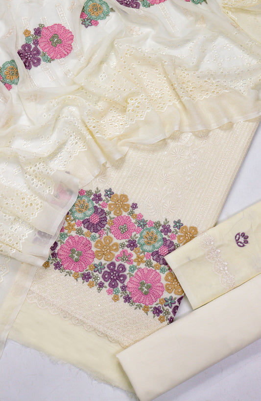 Cross Stitch by Amna Khadija Embroidered Swiss Voile Unstitched 3 Piece Suit - Design-02 - AM25CWV - Lemon - Luxury Collection