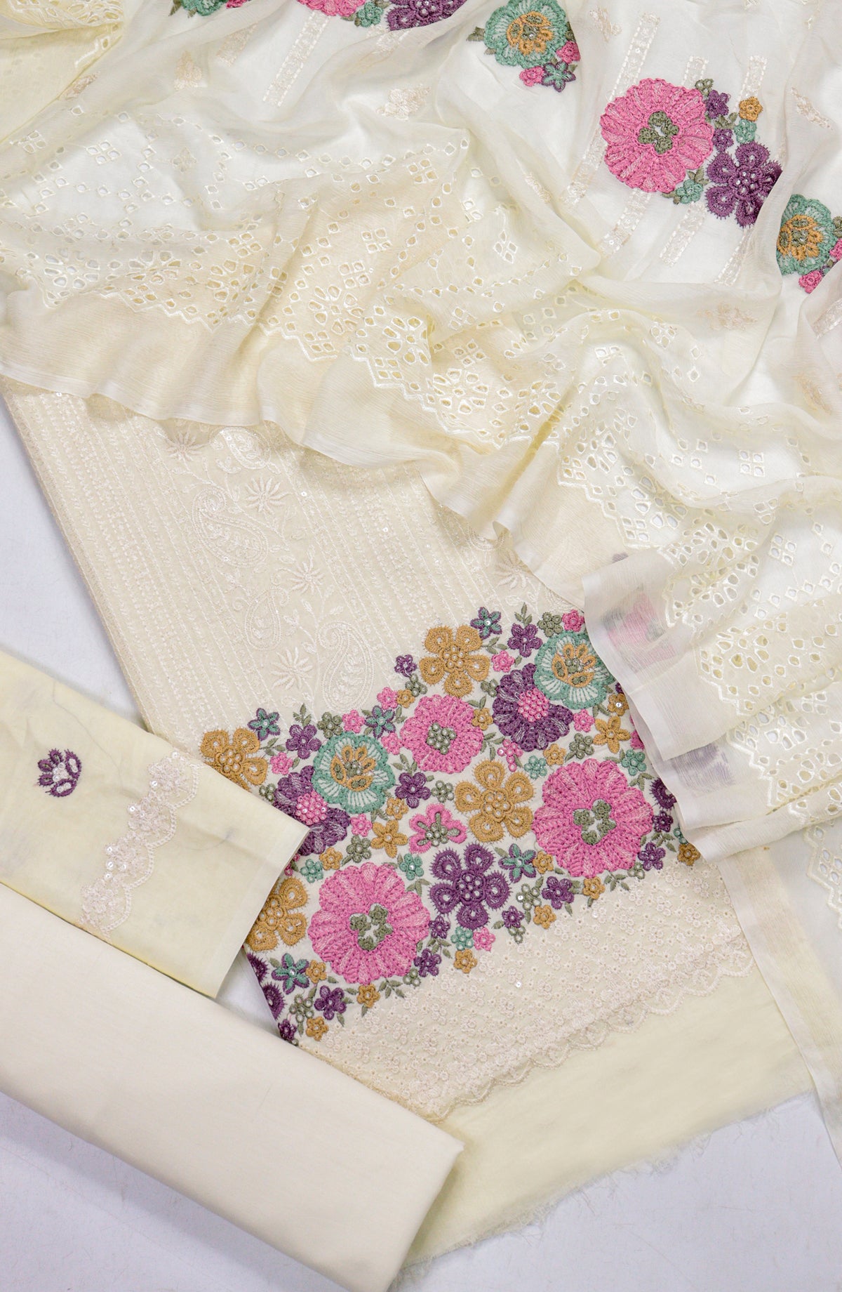 Cross Stitch by Amna Khadija Embroidered Swiss Voile Unstitched 3 Piece Suit - Design-02 - AM25CWV - Lemon - Luxury Collection