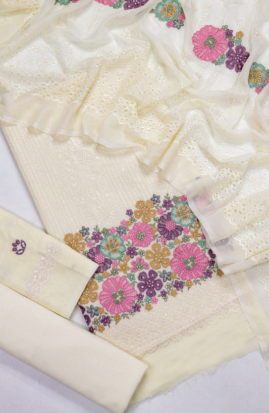 Cross Stitch by Amna Khadija Embroidered Swiss Voile Unstitched 3 Piece Suit - Design-02 - AM25CWV - Lemon - Luxury Collection