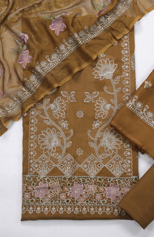 Cross Stitch by Amna Khadija Embroidered Swiss Voile Unstitched 3 Piece Suit - Design-09 - AM25CWV - Brown - Luxury Collection
