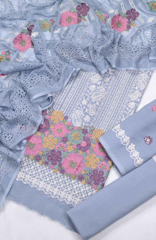 Cross Stitch by Amna Khadija Embroidered Swiss Voile Unstitched 3 Piece Suit - Design-01 - AM25CWV - Blue - Luxury Collection