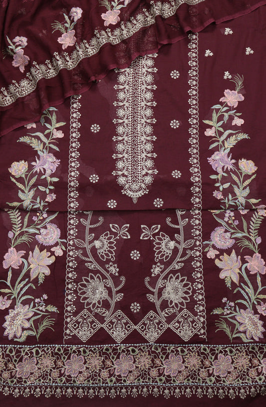 Cross Stitch by Amna Khadija Embroidered Swiss Voile Unstitched 3 Piece Suit - Design-08 - AM25CWV - Maroon - Luxury Collection