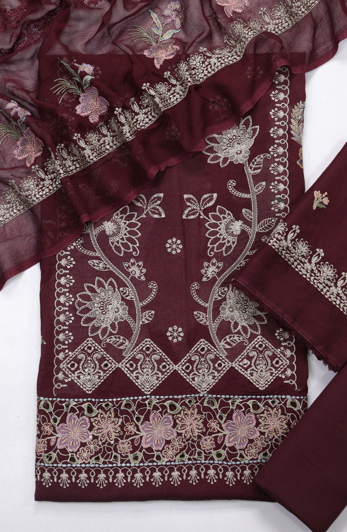 Cross Stitch by Amna Khadija Embroidered Swiss Voile Unstitched 3 Piece Suit - Design-08 - AM25CWV - Maroon - Luxury Collection