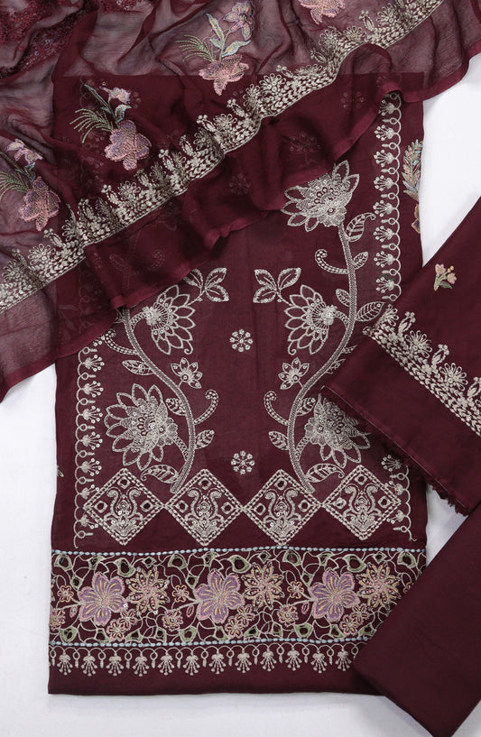Cross Stitch by Amna Khadija Embroidered Swiss Voile Unstitched 3 Piece Suit - Design-08 - AM25CWV - Maroon - Luxury Collection