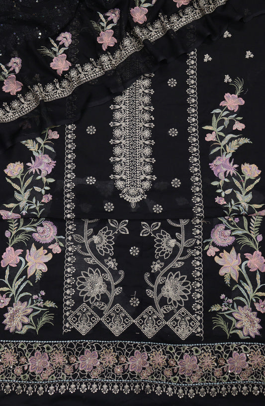 Cross Stitch by Amna Khadija Embroidered Swiss Voile Unstitched 3 Piece Suit - Design-07 - AM25CWV - Black - Luxury Collection