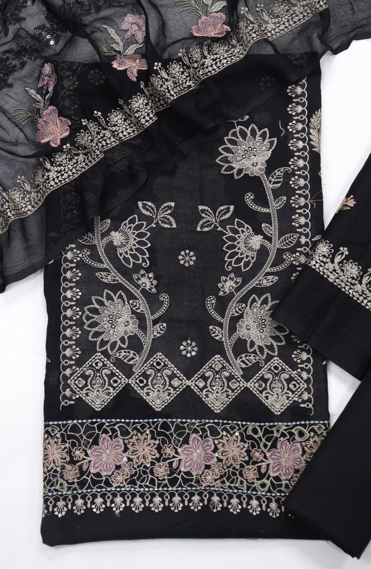 Cross Stitch by Amna Khadija Embroidered Swiss Voile Unstitched 3 Piece Suit - Design-07 - AM25CWV - Black - Luxury Collection