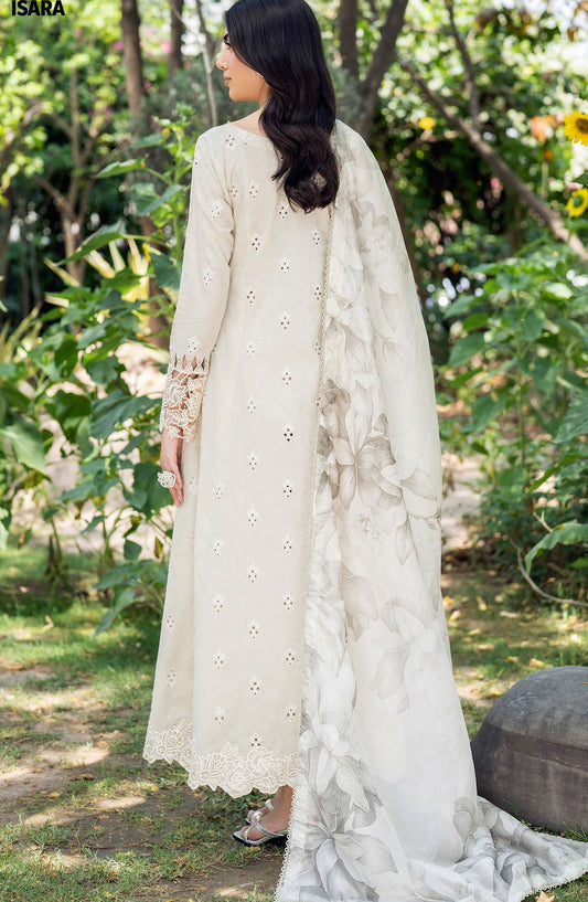 NURA by Zarif Embroidered Lawn Unstitched 3 Piece Suit - ZRF25NSE - D-02 ISARA - Off White - Summer Collection