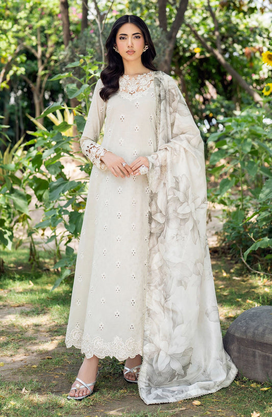NURA by Zarif Embroidered Lawn Unstitched 3 Piece Suit - ZRF25NSE - D-02 ISARA - Off White - Summer Collection