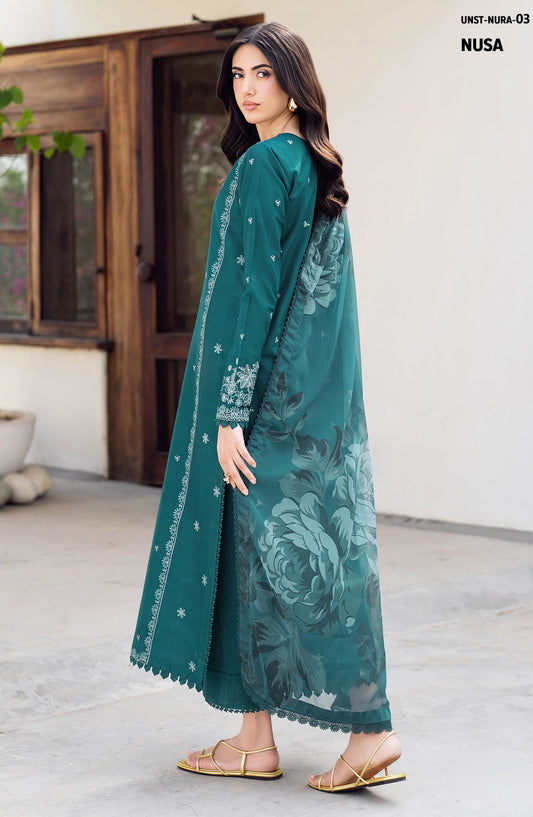 NURA by Zarif Embroidered Lawn Unstitched 3 Piece Suit - ZRF25NSE - D-03 NUSA - Green - Summer Collection