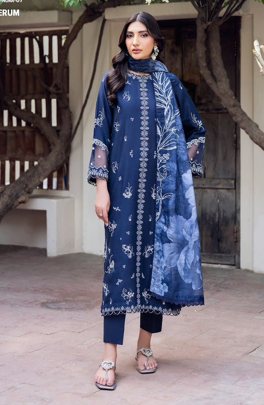 NURA by Zarif Embroidered Lawn Unstitched 3 Piece Suit - ZRF25NSE - D-07 SEERUM - Blue - Summer Collection