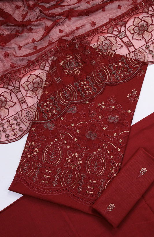 Sara by Amna Khadija Chikankari Lawn Unstitched 3 Piece Suit - D-01 - AM25SCBNL - Red - Summer Collection