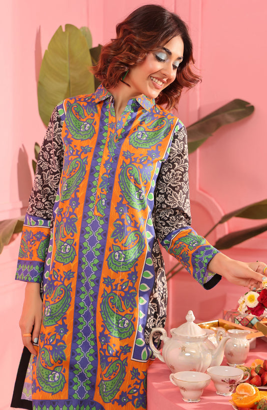 Dr Prints by Dr Haris Digital Printed Lawn Unstitched 2 Piece Suit - DHR25PR - D-01 - Orange - Summer Collection