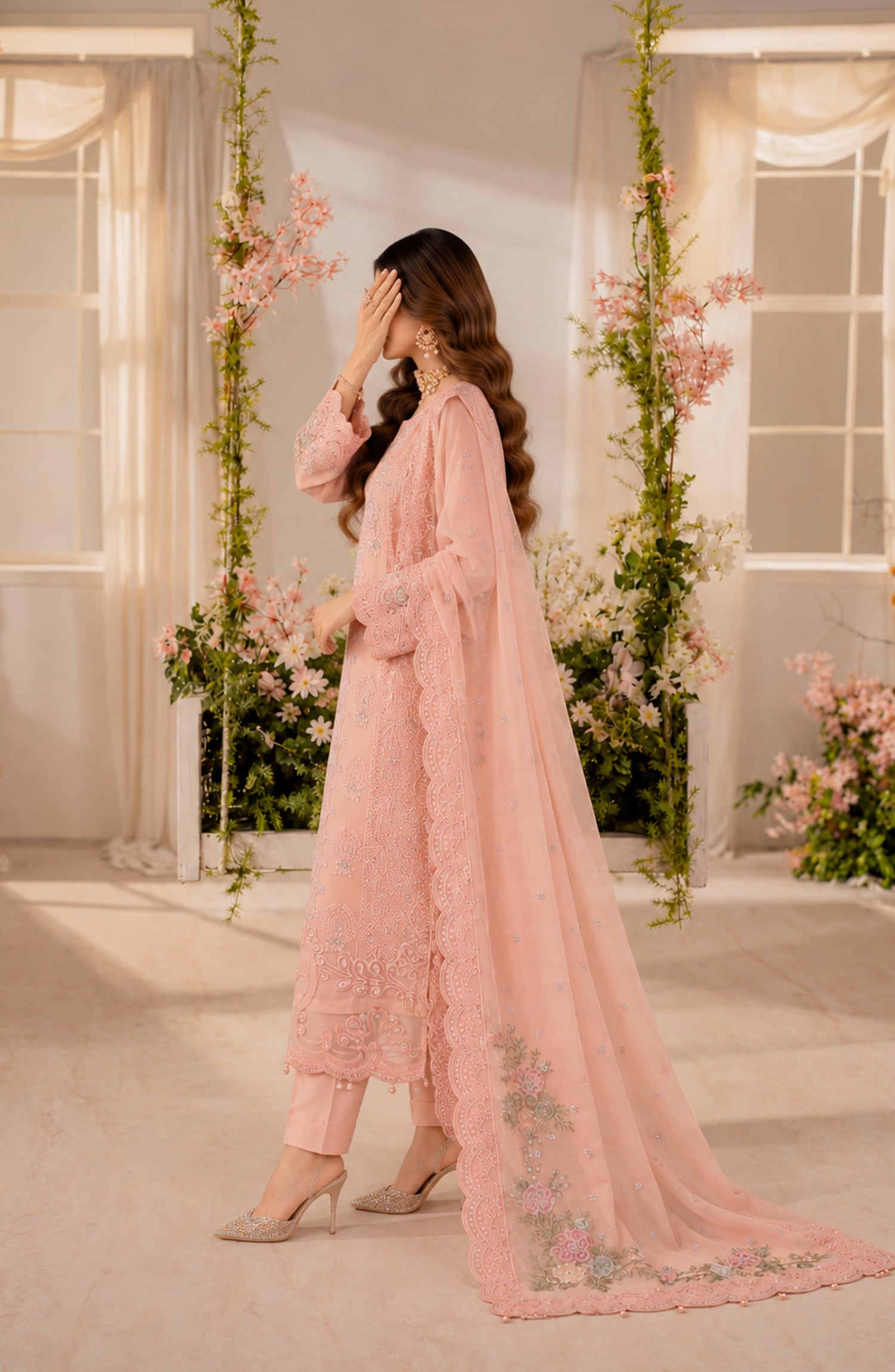 Darbaar-e-Ishq by Amna Khadija Embroidered Chiffon Stitched 3 Piece Suit - AKDI-02 - AM26DBR - Pink - Festive Collection