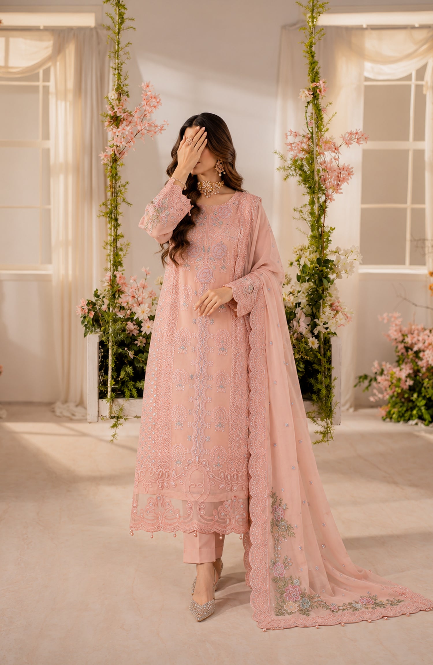 Darbaar-e-Ishq by Amna Khadija Embroidered Chiffon Stitched 3 Piece Suit - AKDI-02 - AM26DBR - Pink - Festive Collection