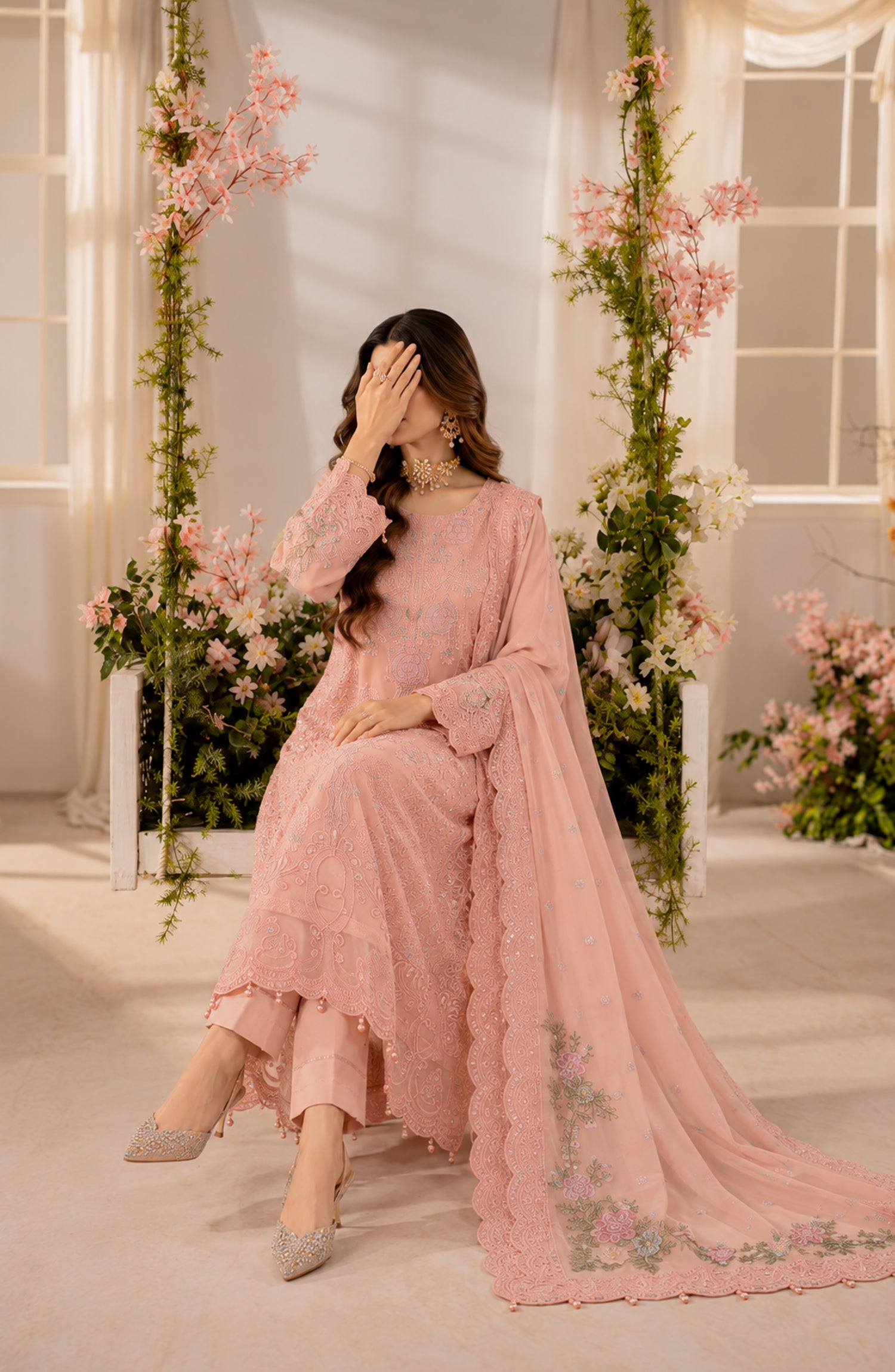 Darbaar-e-Ishq by Amna Khadija Embroidered Chiffon Stitched 3 Piece Suit - AKDI-02 - AM26DBR - Pink - Festive Collection
