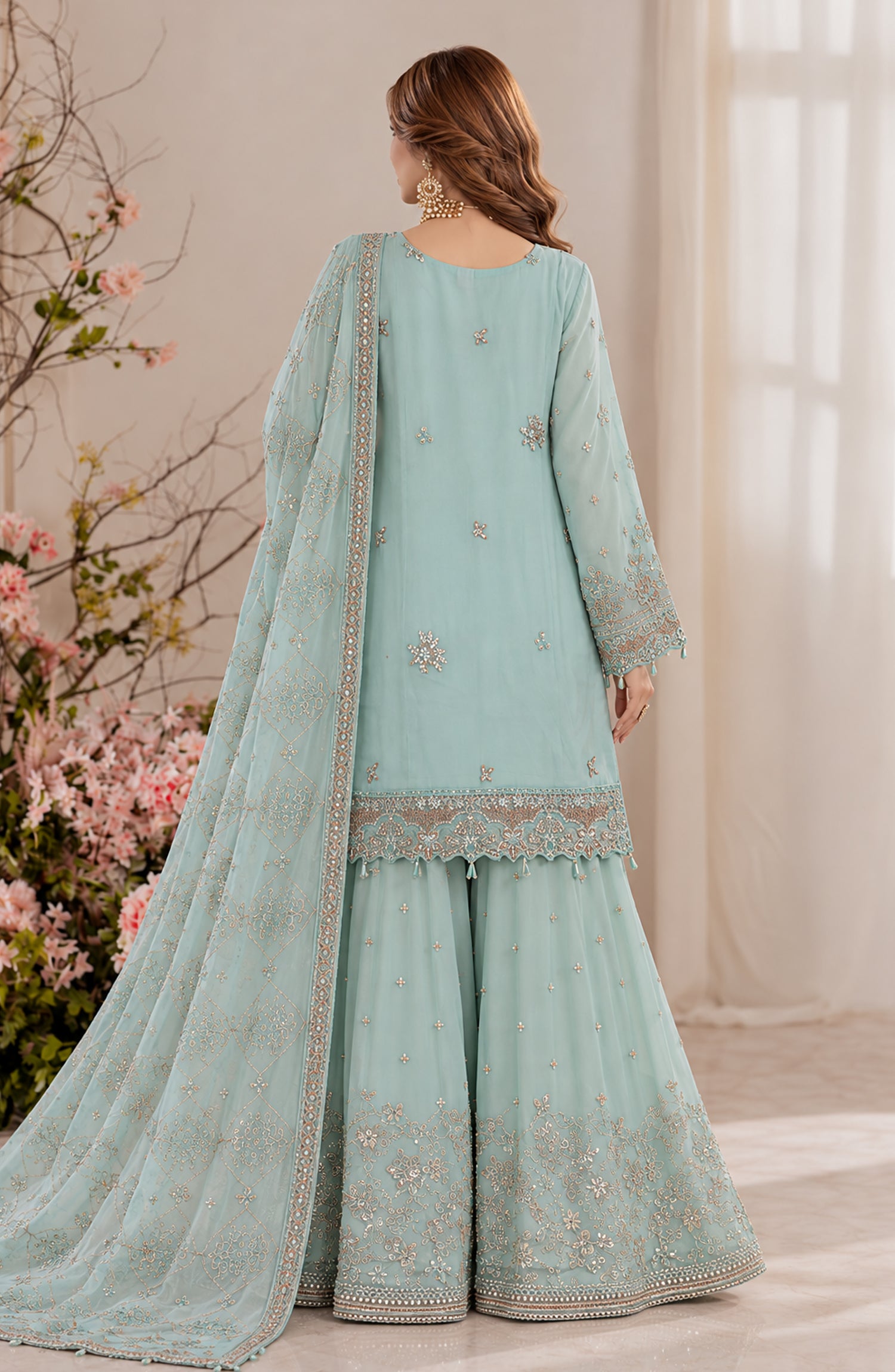 Darbaar-e-Ishq by Amna Khadija Embroidered Chiffon Stitched 3 Piece Suit - AKDI-03 - AM26DBR - Ice Blue - Festive Collection