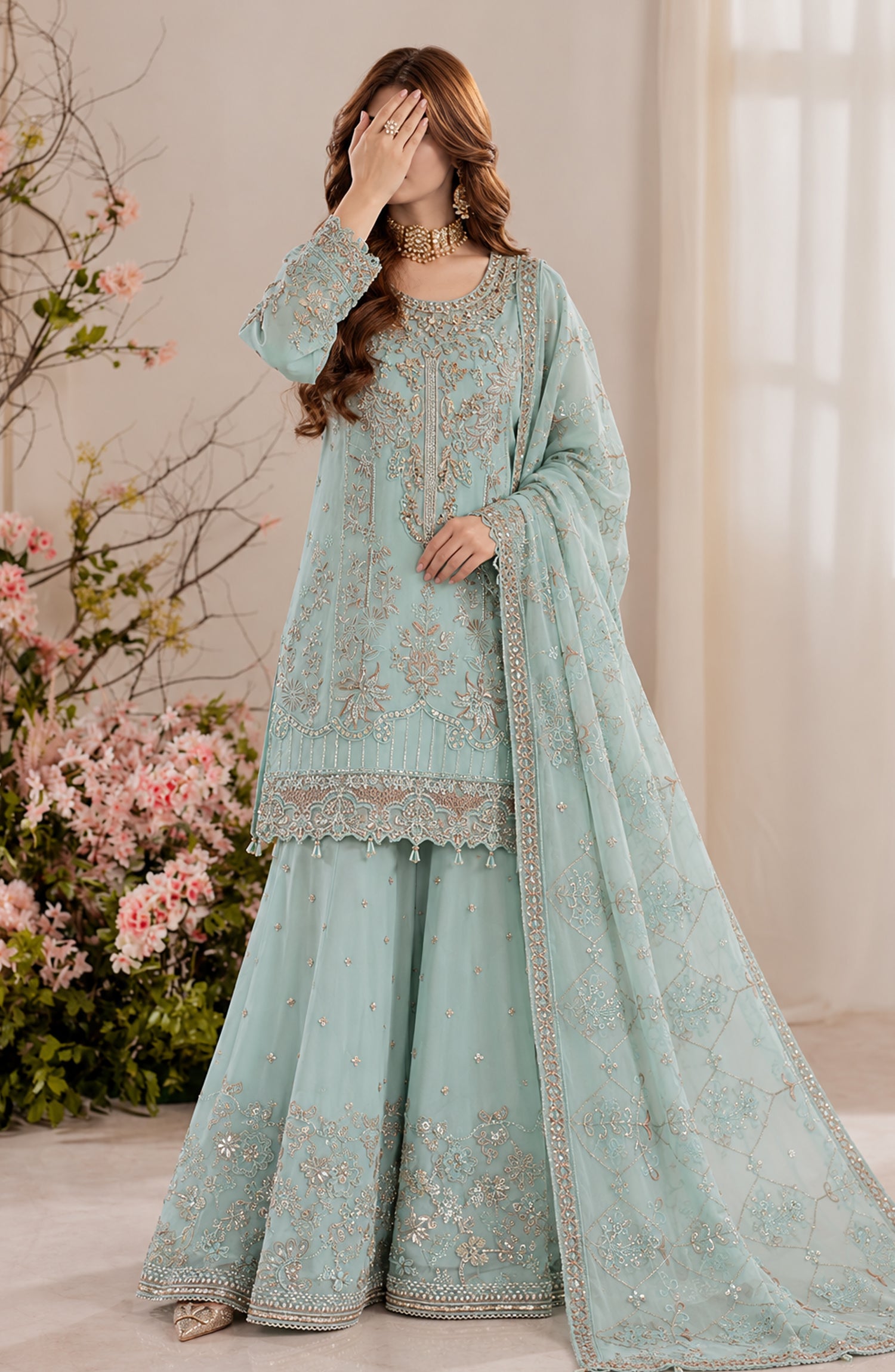 Darbaar-e-Ishq by Amna Khadija Embroidered Chiffon Stitched 3 Piece Suit - AKDI-03 - AM26DBR - Ice Blue - Festive Collection